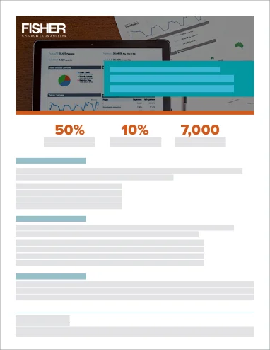 Financial document layout with tablet, graphs, and bold numerical data