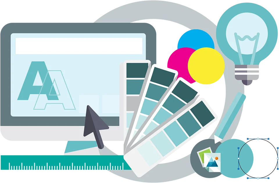 Graphic design tools including color swatches, computer screen, mouse cursor, and light bulb