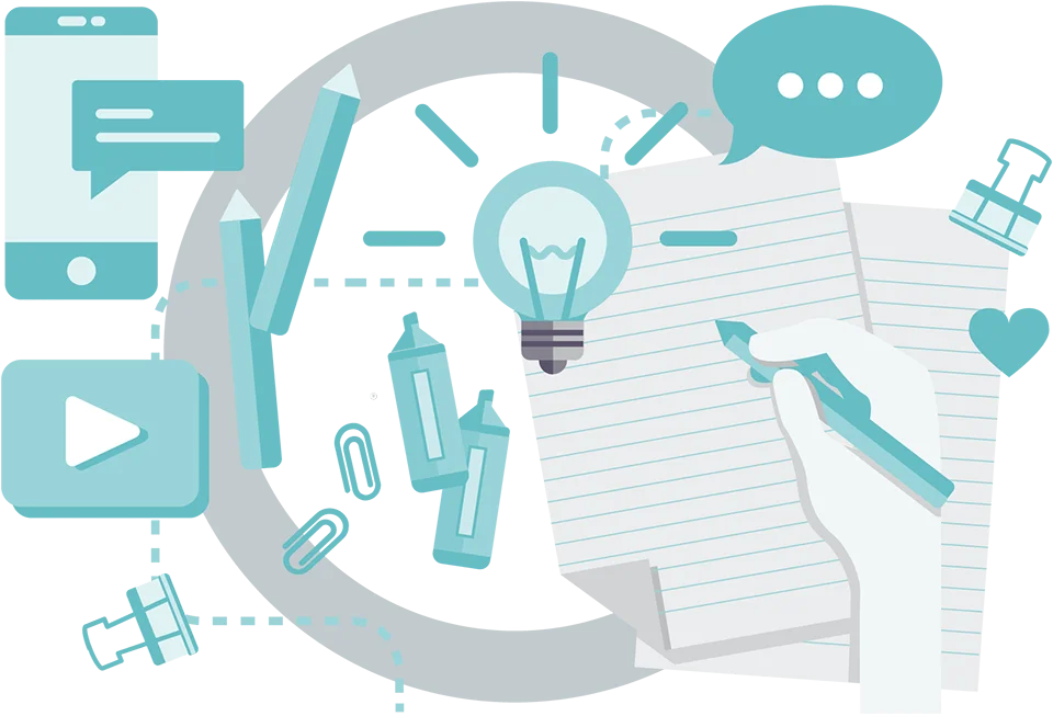 A stylized graphic with a hand writing on paper, surrounded by a light bulb and speech bubbles.