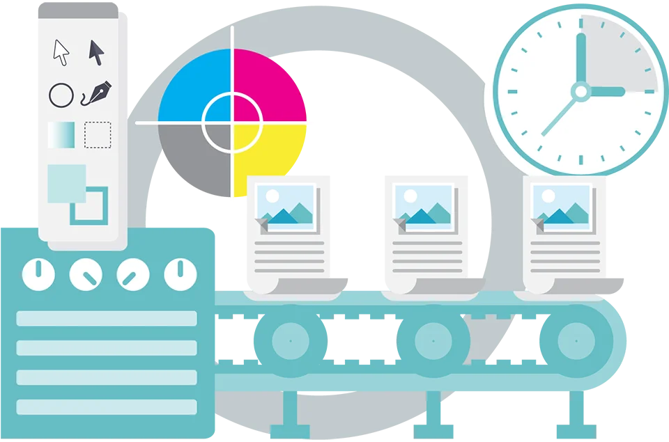 Digital printing process with a CMYK color palette, design tools, printed images, and a clock