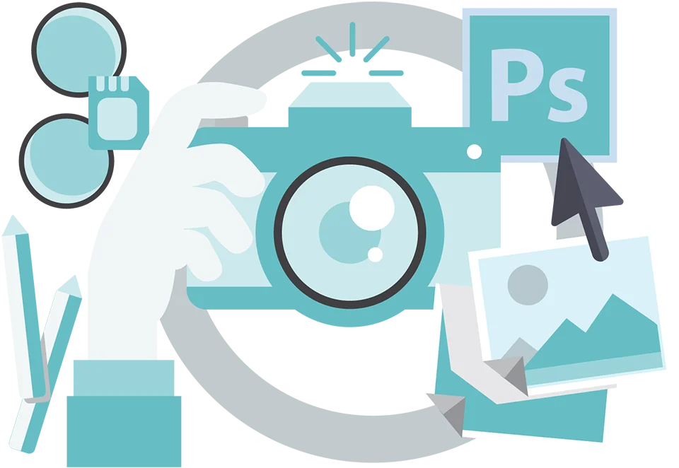 Abstract illustration of a camera with design elements, including a Photoshop icon and image symbol.