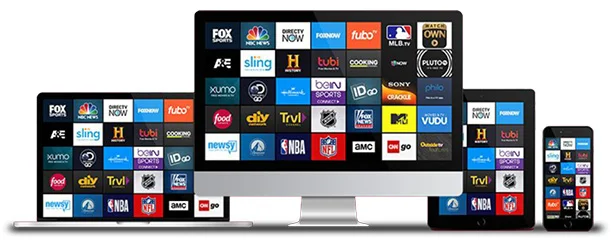 Various digital devices displaying streaming service logos.