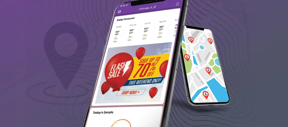 Two smartphones showing a weather app and a map with location pins on a purple background.