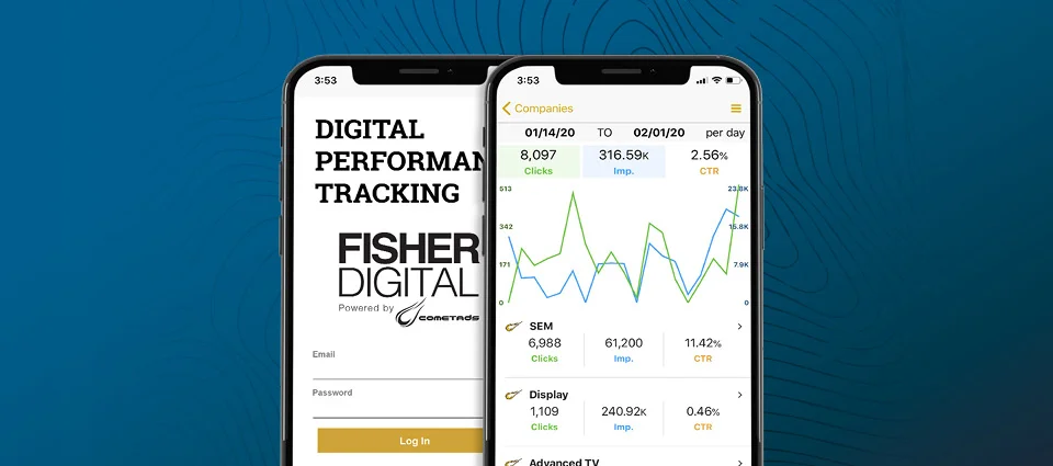 Two smartphone screens with login and analytics views of a performance tracking app