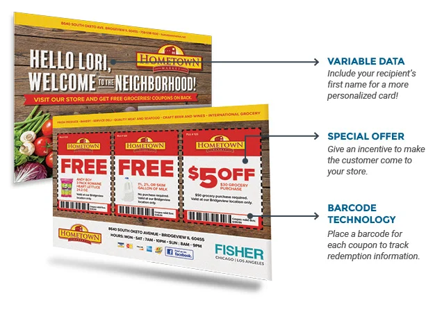 Promotional materials for Hometown grocery store with personalized greeting and coupon offers.
