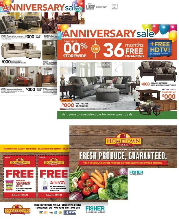 Collage of furniture and grocery ads for anniversary sale and produce offers