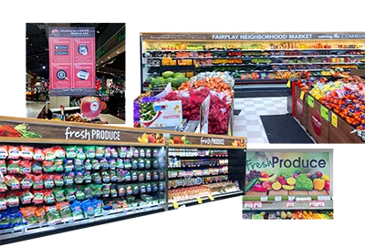 Collage of grocery store produce sections with various fruits and vegetables.