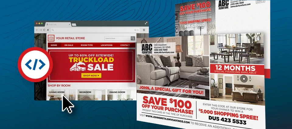 Retail store advertisement with online and print promotions for a sale.