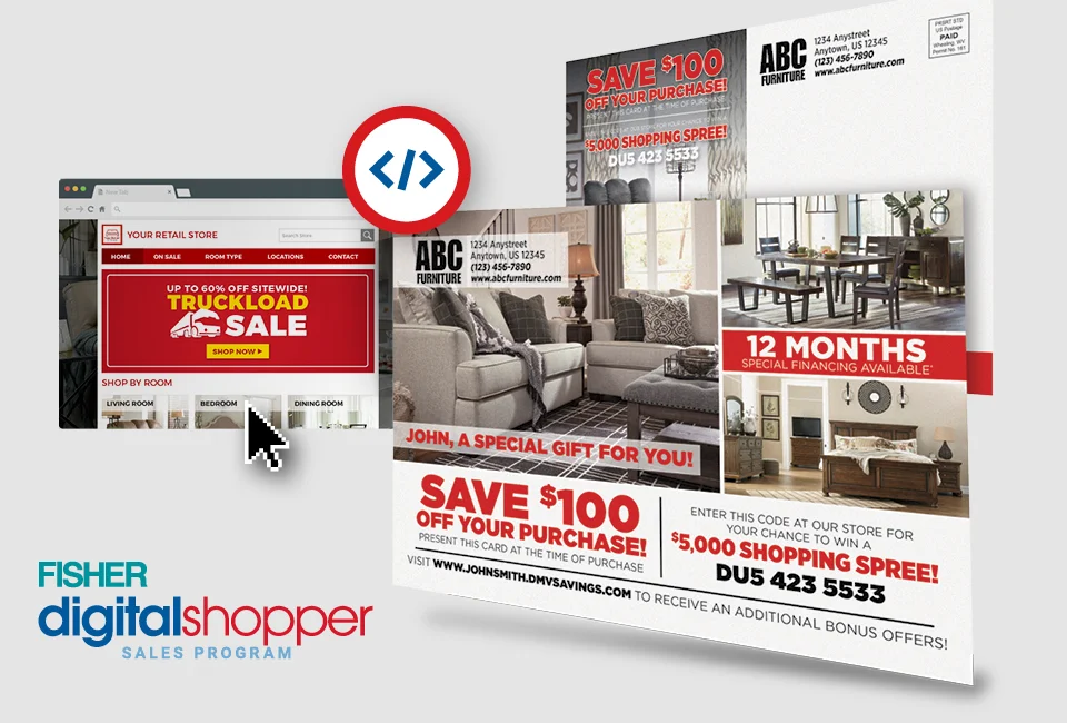 Retail store advertisement showcasing store deals and a website promotion for a truckload sale.