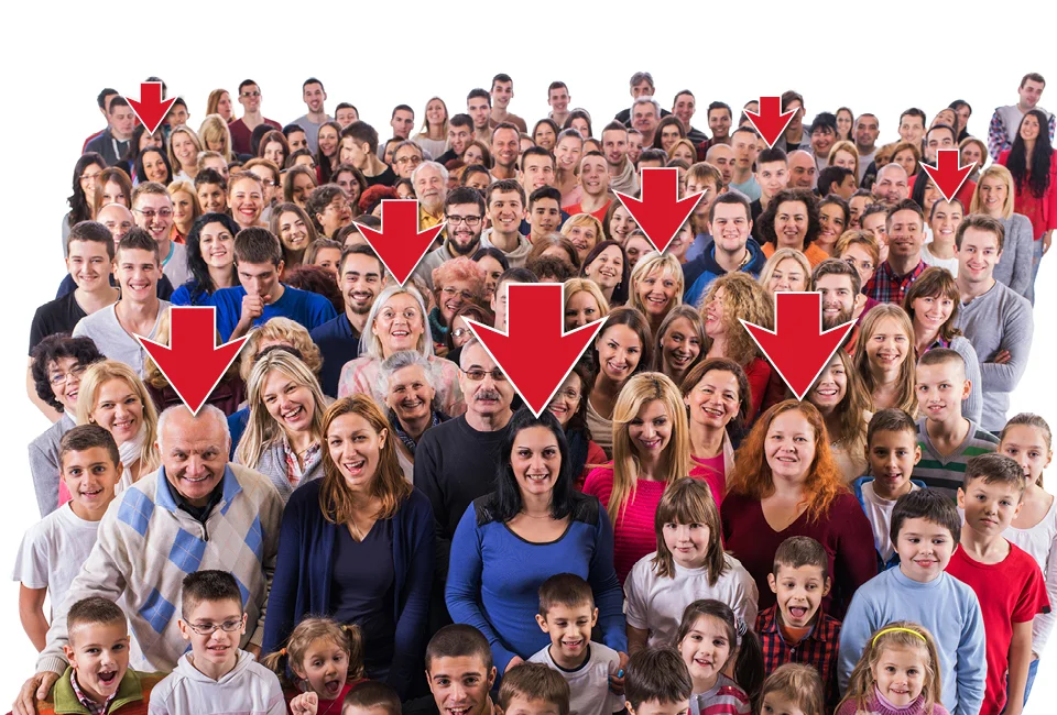 A large group of people with red arrows pointing down at certain individuals.