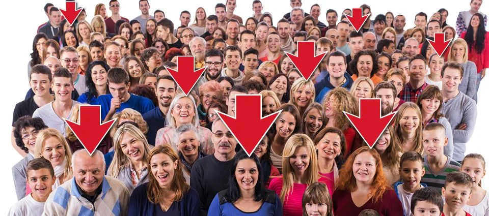 A large group of people with red arrows pointing down at certain individuals.