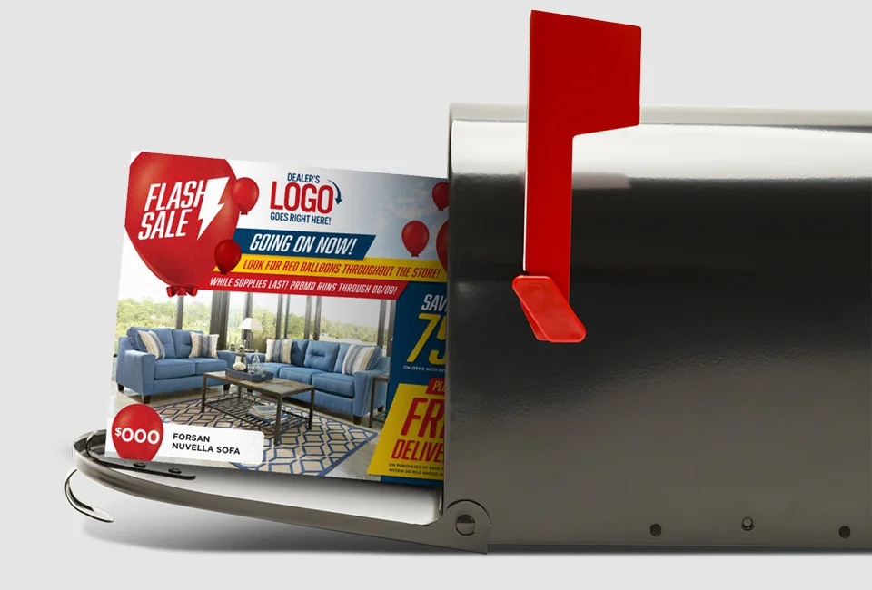 A glossy gray mailbox with a red flag holds a colorful promotional flyers.