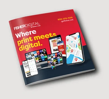A brochure cover showing electronic devices with various app icons and a smartphone