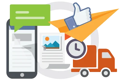 Smartphone with chat, thumbs-up, clock, and delivery icons