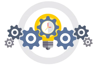 Illustration of a light bulb with a clock inside, surrounded by blue and gray gears.