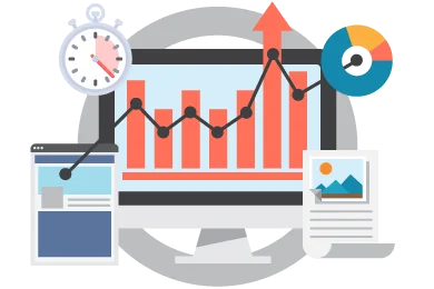 Data analytics with computer, charts, stopwatch, and document icons
