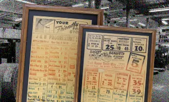 Two framed vintage grocery store advertisements in front of a supermarket background.