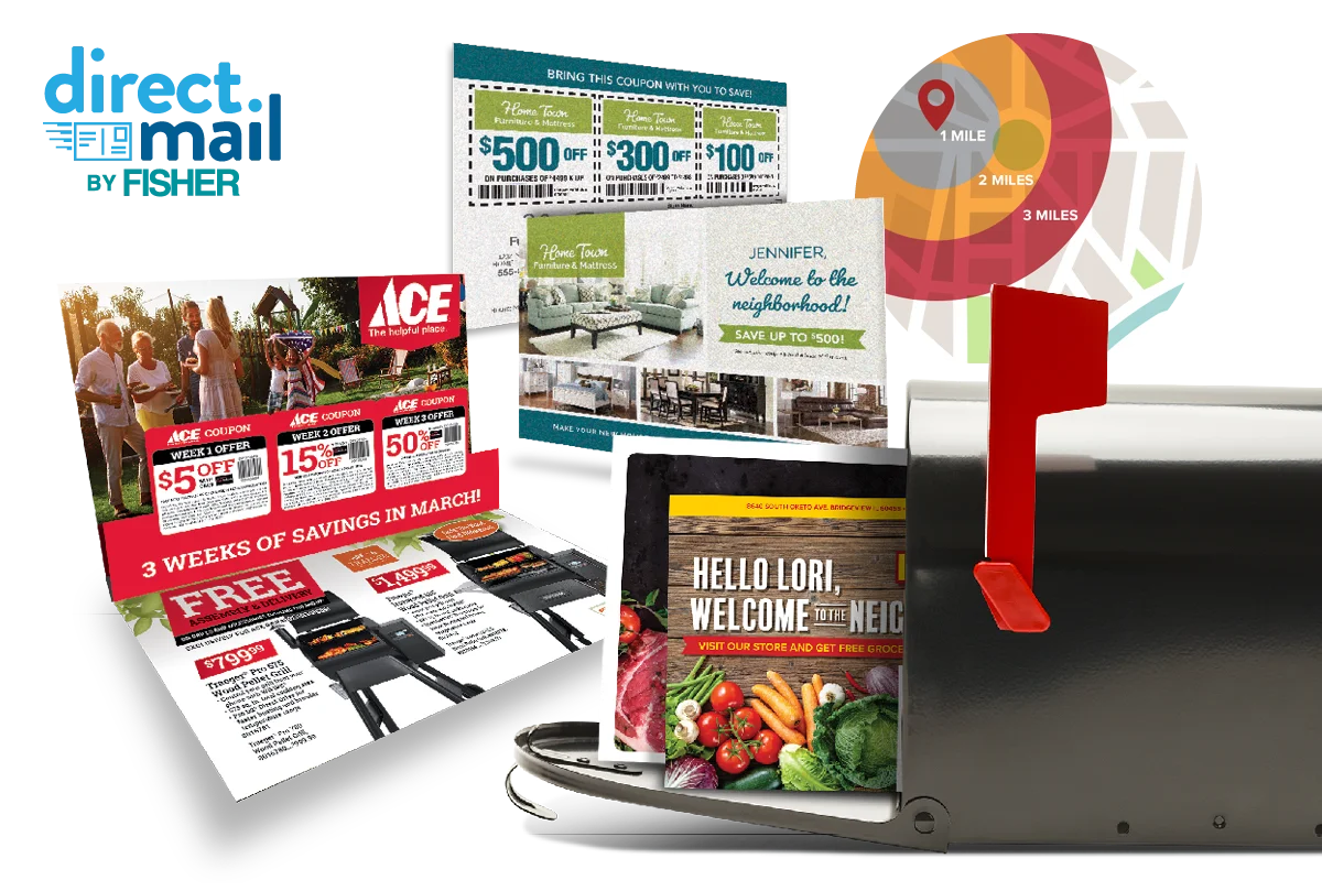 A variety of colorful promotional mail pieces emerging from an open mailbox with a red flag.