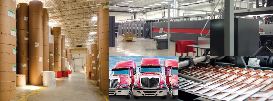 Collage of warehouse, printing facility, printing machines, and parked semi-trucks.